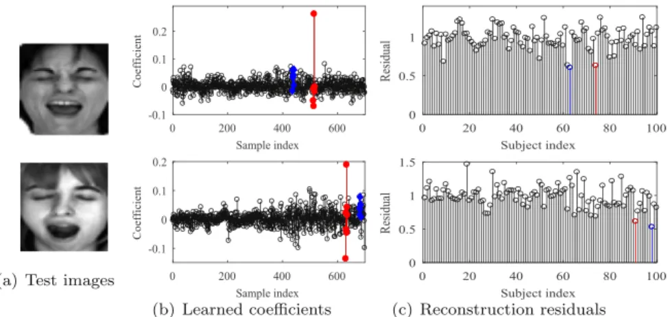 Fig. 5. The leaned coeﬃcients and reconstruction residuals of two failed samples, where the entries from the true subject and the mistakenly identiﬁed subject are marked  in red and blue, respectively