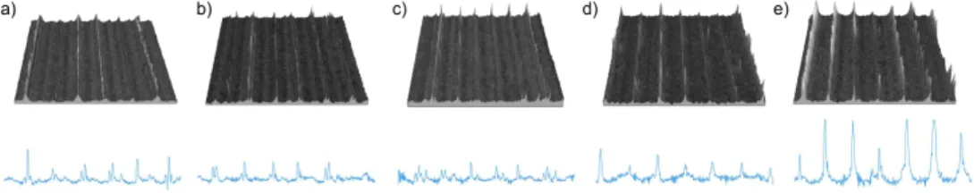 Fig. 2. Machined surface image in 3D projection and its profile for a cutting time of   a) 5min; b) 8min; c) 11min; d) 14min; e) 17min