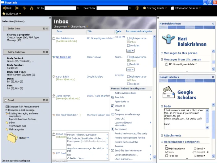 Figure 1: Haystack viewing a user’s Inbox collection. A person and an email message are displayed to the right.