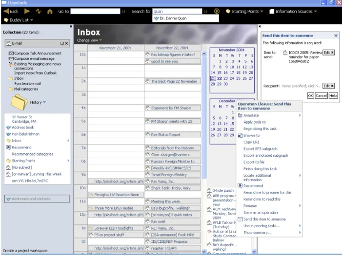 Figure 2: Invoking “send this item to someone” in Haystack. The Inbox collection is displayed in the calendar view