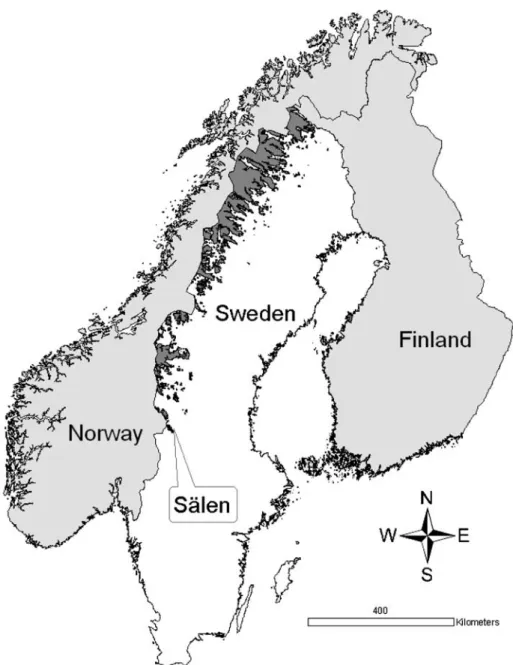 Figure 1 Map of Sweden with alpine areas (i.e. above the treeline) marked in dark grey.