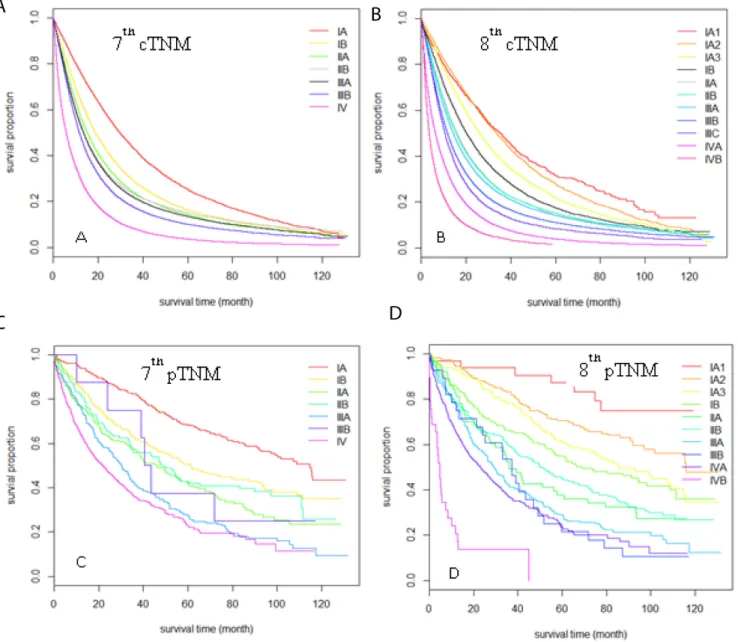 Figure 3: Kaplan-Meier survival curves comparison among different TNM stages sub-groups