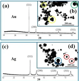 Figure 2.  XRD spectroscopy analysis of samples containing Au (a) and Ag (c) nanoparticles and TEM images of reduced Au (b) and (d) nanoparticles respectively