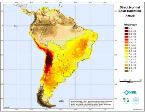 Figure 1. Map of global horizontal radiation of Latin America. 