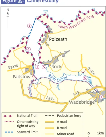 Figure 35 shows the Camel estuary between its seaward limit  1  and the first bridge with 