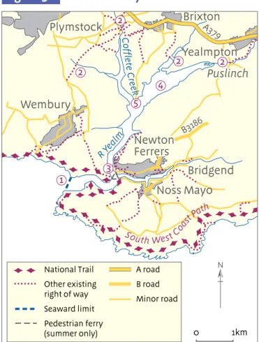 Figure 36 shows the Yealm estuary, including its seaward limit  1  and various bridging points on its  tributaries upstream  2 
