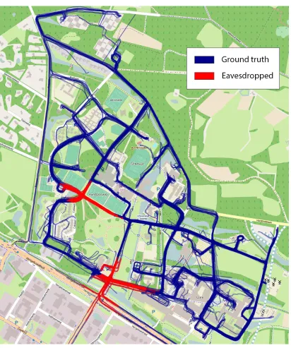 Figure 6.6: Overview of all actual and eavesdropped vehicle locations