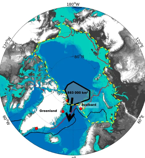 Figure 1. The Arctic Ocean and surrounding shelf and land areas.The large black arrow shows the location of Fram Strait, and thered circles show the positions of the meteorological stations withsea level pressure observations