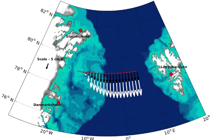 Figure 2. The Fram Strait between Greenland (left) and Svalbard (right) with summer (black arrows) and winter (white arrows) mean seaice drift speed