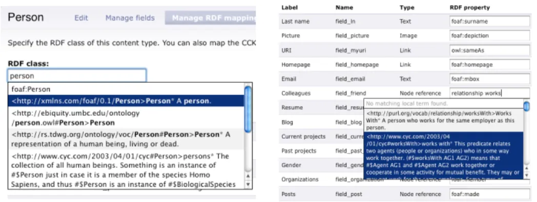 Fig. 2. RDF mappings management through the Drupal interface: RDF class mapping (left) and RDF property mapping (right).