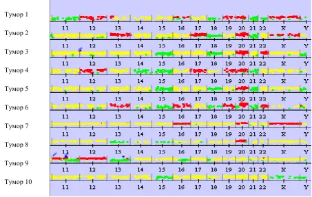 Figure 3 а). Large aberrations in chromosomes 1 to 10. Genetic gains are presented in red and losses – in green