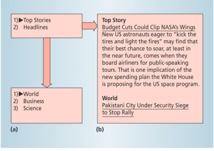 Figure 4. Transformed Web content on two mobile devices. (a) The first page of a four- four-line cell phone display consists of a link to the top story and a link to headfour-lines, which in turn link to the world, business, and science stories, respective