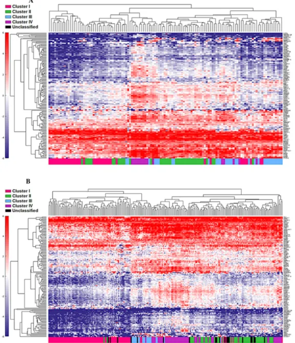 Figure 3:  Unsupervised analysis of both the cohort 1 (A) and cohort 2 (B) using the top 5% (n=157) genes