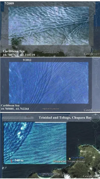 Figure 3 – Long waves in the Caribbean Sea, that we can find in Google Earth. The central part of each panel was  enhanced using GIMP