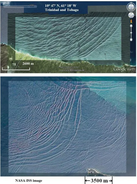 Figure 4 – Internal waves near Trinidad and Tobago. In the upper panel, we see the Google Earth image