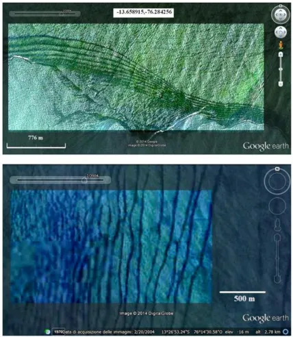 Figure 6 – Other internal waves in the ocean off Peru. The panels show the Google Earth images after an image processing with AstroFracTool [23] and GIMP