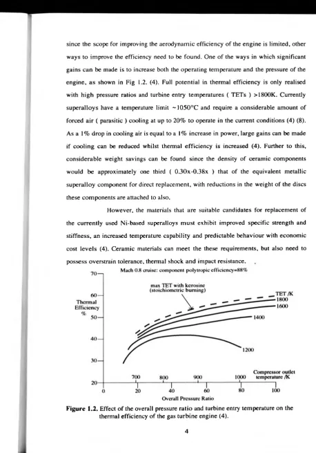 Figure 1.2. Effect of the overall pressure ratio and turbine entry temperature on the thermal efficiency of the gas turbine engine (4).