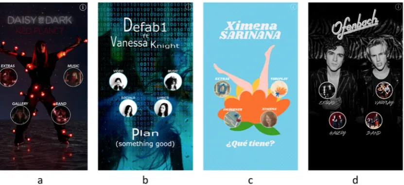 Figure 2.Figure 2. Figure 2. Examples of accessible features from released variPlay apps including: (a) Daisy and The Dark music player; (Examples of accessible features from released variPlay apps including: (b) Ofenbach biography; (c) Ximena Sariñana gal
