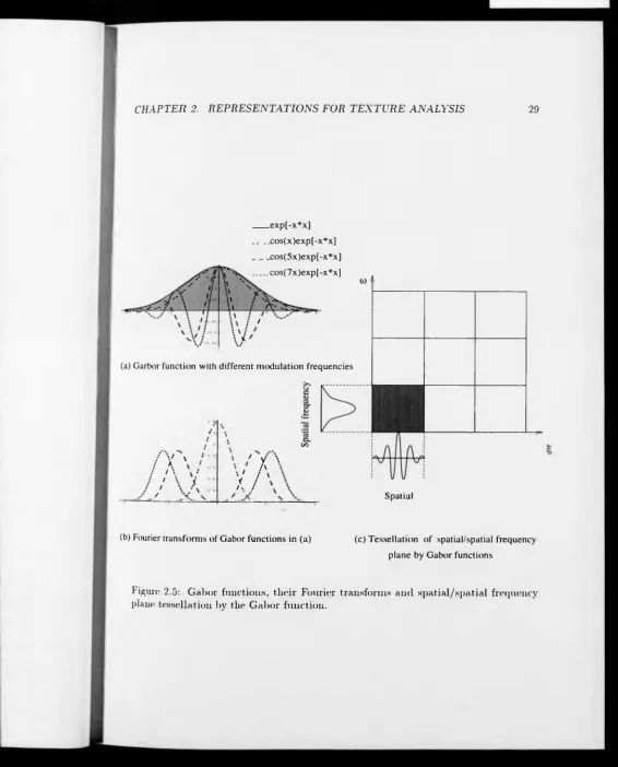Figure 2.5: Gabor functions, their Fourier transforms and spatial/spatial frequency plane tessellation by the Gabor function.