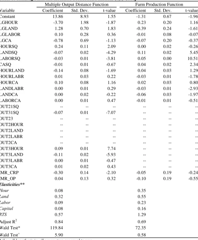 Table 6: Translog Farm and Houshold Production Functions (0,1) Group