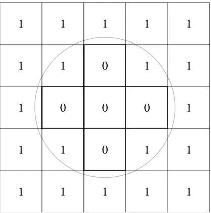 Figure 3.1: Illustration of a masking function for a cross section of a pipe. Cells which are entirelywithin the circle are part of the ﬂuid domain and the masking function has value 0 there