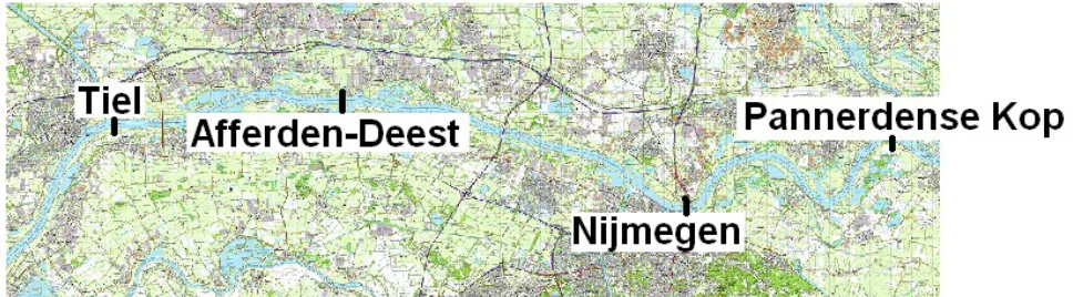Figure 14: Schematization of Waalmodel with the Pannerdense Kop upstream, measurement location at Nijmegen haven and theside channel Afferden and Deest.