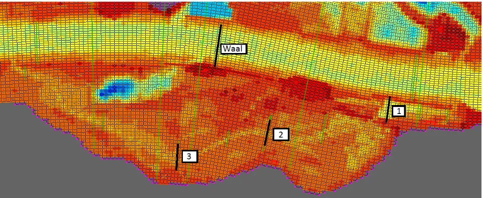 Figure 16: River Waal at Afferden and Deest with black lines representing added cross sections.