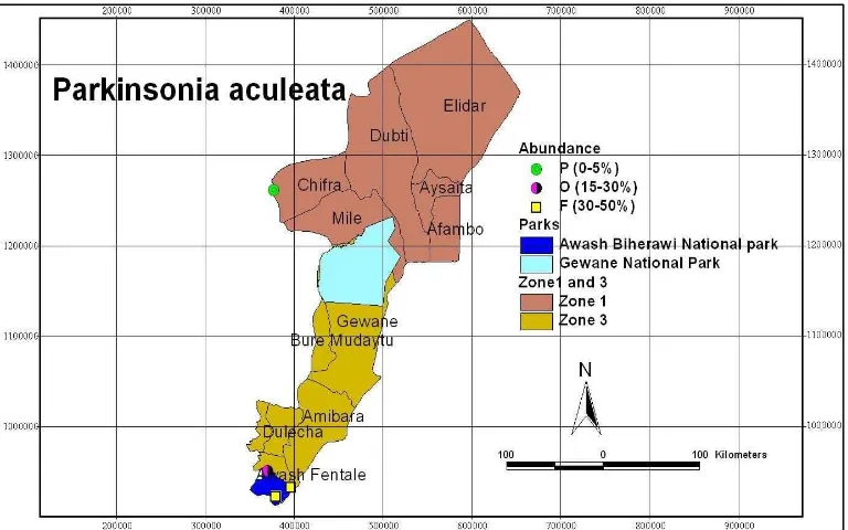 Figure 15. Abundance of S. incanum in Zone 1 and 3 of the Afar region (O-occasional; F-Frequent; 