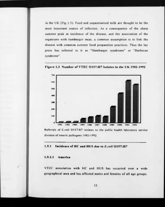 Figure 1.3 Number of VTEC 0157:H 7 isolates in the UK 1982-1992
