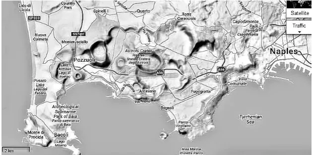 Figure 2   - The Phlegraean Fields in the Google Maps. Puteoli (Pozzuoli) is in these Fields