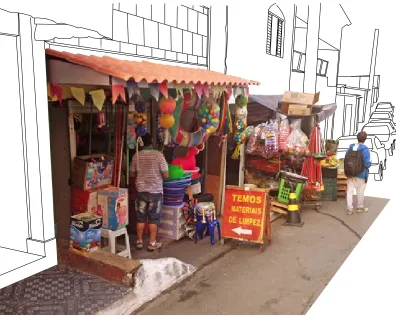 Figure 9: —FLUIDLY ENDURING CONFLICTS— These two stores have merchandise bursting out onto the sidewalks, serving two main benefits for the businesses