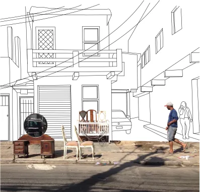 Figure 3: —FLUID CONFLICTS— A crib, a vanity, and five chairs have been left on the sidewalk and appear to be in good, useable condition