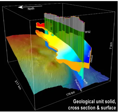 Figure 4. 3D display of a geological solid, cross-section and geological surfaces. 