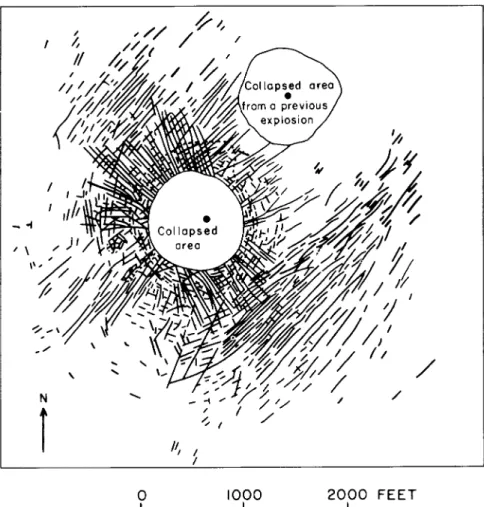Figure 3. Map illustrating surface cracks around a collapse crater at NTS. Note  the radial, concentric, and linear cracks (Barosh, 1968)