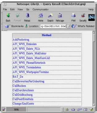 Figure 3 depicts the HTML result of the formerly men- men-tioned GReQL query CheckErrOut.grq, which lists the  names of all methods that are directly calling  CheckEr-rOut