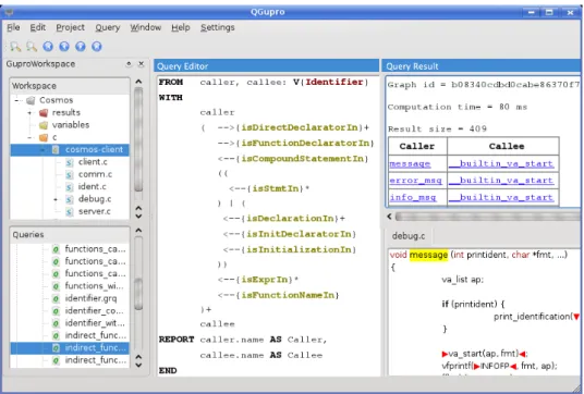 Table Views like the one in Figure 4 show the results in textual form. Additionally, the textual results can be exported in XML for processing in external tools.