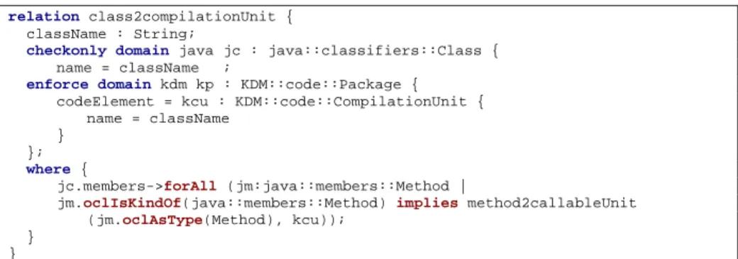 Fig. 3. Example of QVT relation to transform Java code models into KDM models 