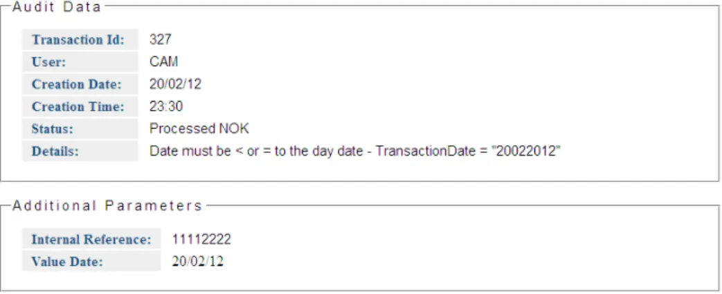 Fig. 10b. Audit data for the transaction launched in creation process  The server response contains XML messages 