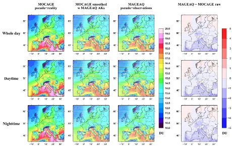 Fig. 4. Average surface–6 km TOC for 5–28 August 2009. From left to right: raw and AK-smoothed MOCAGE pseudo-reality, MAGEAQ-TIR pseudo-observations, differences of MAGEAQ-TIR pseudo-observations with respect to raw MOCAGE pseudo-reality