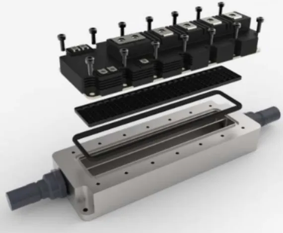 Fig 3. The turbulator forces the coolant to flow along the power module baseplate in several isolated  cells, and thereby supplying a homogenous cooling of a large baseplate of high power module