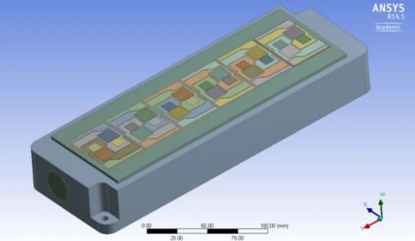 Fig. 11: PrimePACK 3 module mounted on direct liquid cooling system simulated in ANSYS Icepak