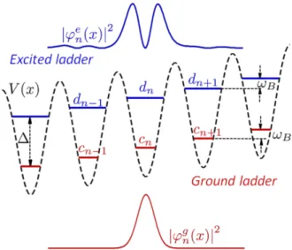 Figure 1. The Wannier-Stark system. Red energy levels E n g and amplitude c n form the “ground” Wannier-Stark ladder, the corresponding spatial probability distribution |ϕ g n (x)| 2 (for site n) is shown as the bottom red curve
