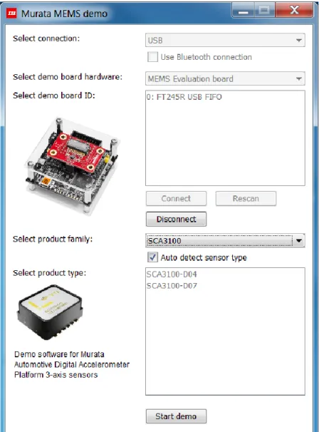 Figure 4. Initial setup view after selecting an SCA3100 sensor 