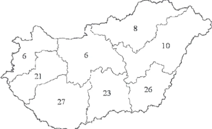 Fig. 1. Location of otter carcasses collected in different regions of Hungary