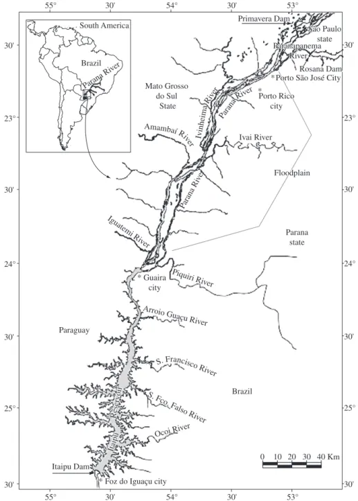 Figure 1. The Upper Paraná River floodplain, Porto Rico and Porto São José cities.