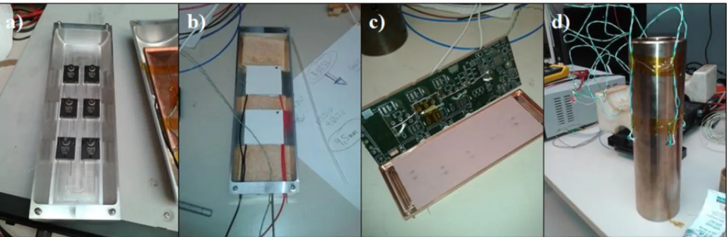 Figure 2. Implementation of the experimental setup. Bottom half of the chassis with the HTNS electronics (a), top half of  the chassis with two HT thermoelectric coolers and thermal insulating foam (b), HTS electronics installed on a printed 