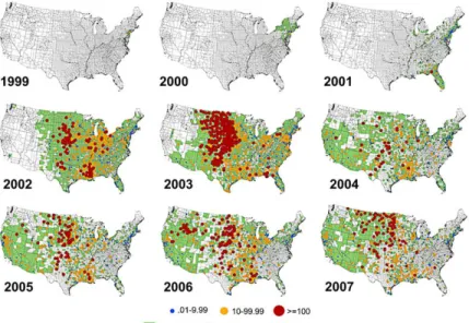 Fig. 1. WNV in the United States, 1999–2007. The incidence of human neuroinvasive disease is indicated by county.