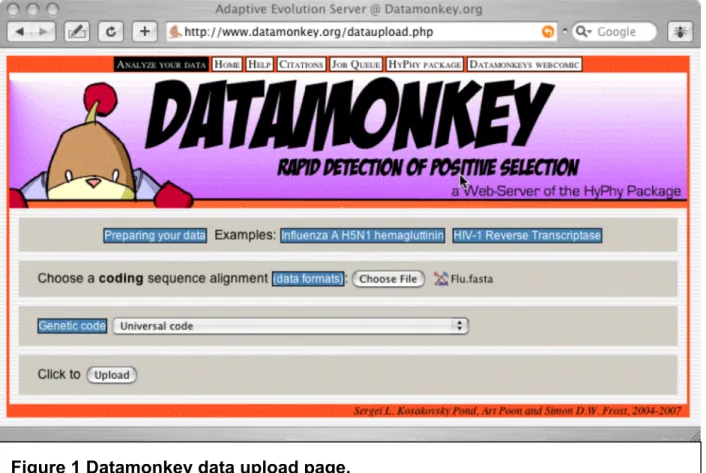 Figure 1 Datamonkey data upload page.