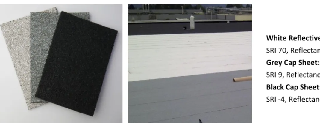 Figure 5   Membrane  Cap  Sheet  Colors  (Reflective  White,  Grey  and  Black)  Shown  on  Left  in  Lab  (Un-soiled  and  New) and  Right in Field Shortly After Installation