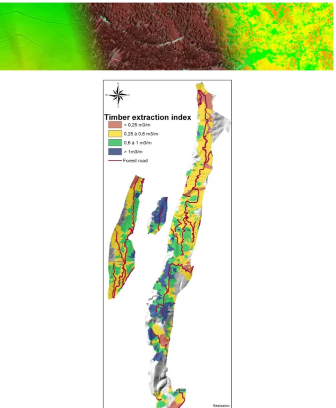 Figure	29:	Map	of	the	timber	extraction	index	(Total	volume	extracted	on	a	single	cable	 line	divided	by	the	length	of	this	line).	Areas	with	an	index	>	0.6	m3/m	are	potentially	 the	most	interesting	for	cable	yarding	operations